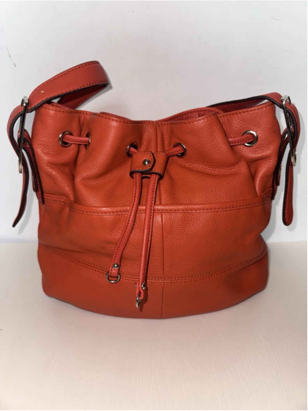 Tignanello Genuine Leather Bucket Bag Orange Red Slouchy Hobo Shoulder Purse